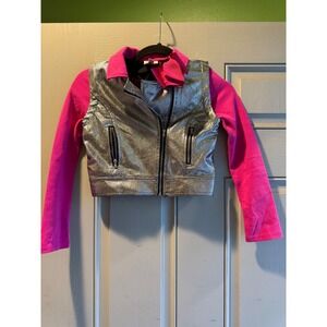 JoJo Siwa Girls Metallic Silver Faux Leather Moto Jacket Pink Sleeves Bow XS